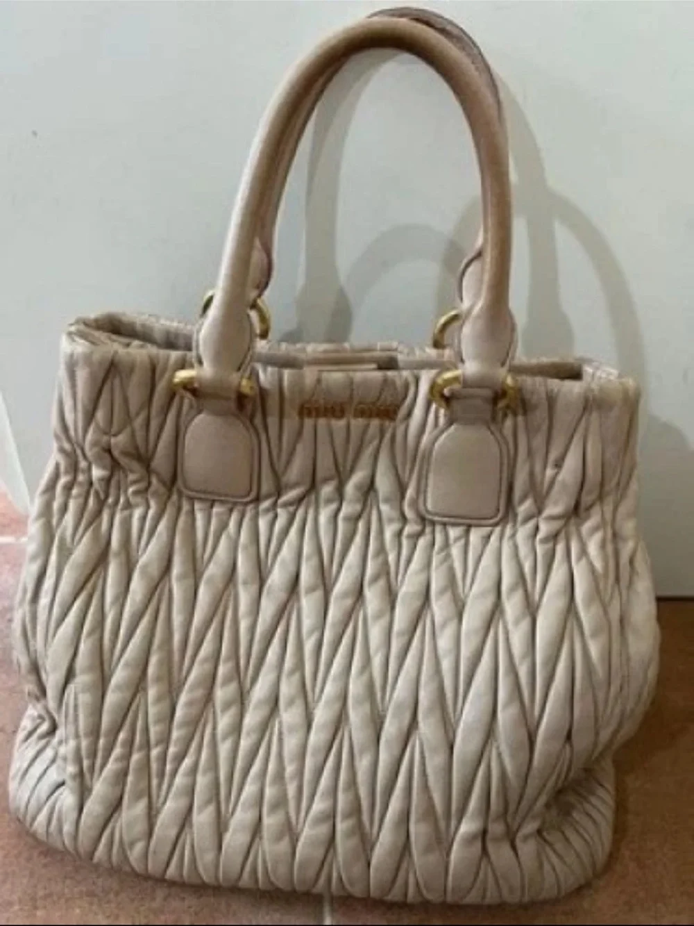 Miu Miu Cream Quilted Ruched Leather Tote with Gold Hardware